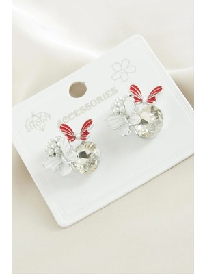 Renklime Kelebek Inci Taşlı Metal Küpe