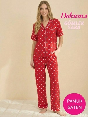 Seamlife Kadın Kırmızı Maskülen Kalp Desenli Önden Düğmeli Gömlek Yaka Dokuma Pamuk Saten Göğüs Cepli Kısa Kol Pijama Takımı