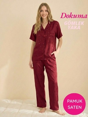 Seamlife Kadın Bordo Maskülen Kalp Desenli Önden Düğmeli Gömlek Yaka Dokuma Pamuk Saten Göğüs Cepli Kısa Kol Pijama Takımı