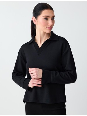 Jimmy Key Siyah Polo Yaka Uzun Kollu Modal Örme Sweatshirt