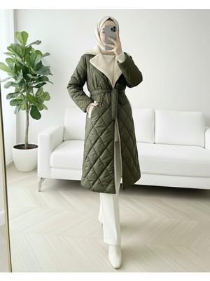 Modamorfo Yakası Kürklü Beli Kemerli Düğmeli Astarlı Kapitone Mont -Haki