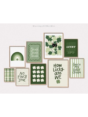 Ninastore Aziz Patrick Günü Duvar Sanatı Baskı Paketi / 9 Parçalı Yazdırılabilir Sanat Seti / Şanslı Yonca Bas