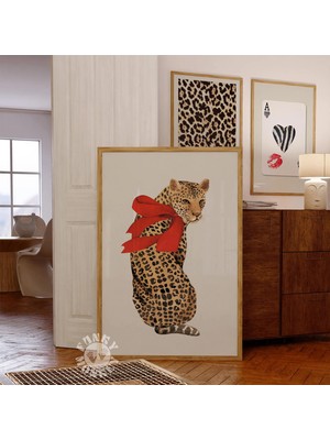 Ninastore Kırmızı Kurdeleli Leopar Dijital Baskı / Cilveli Hayvan Baskısı / Trendi Duvar Sanatı Eğlenceli Y2K