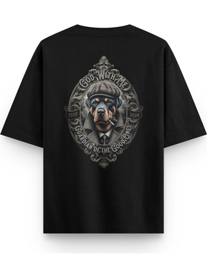 Overoz Guardian Dog Rottweiler Köpek Sırt Baskılı Yarı Oversize Unisex Siyah Tshirt 1402