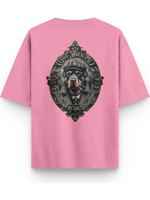 Overoz Guardian Dog Rottweiler Köpek Sırt Baskılı Yarı Oversize Unisex Pembe Tshirt 1402