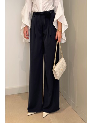 Magarde Gül Detaylı Yeni Sezon Palazzo Pantolon- Lacivert