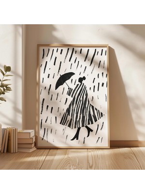 Ninastore Yağmurda Kadın Sanat Baskısı: Minimalist Siyah Beyaz Moda (Dijital Indirme)