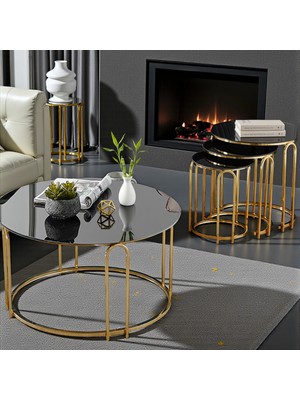 4 Lü Lenka Zigon Orta Sehpa Takımı Yuvarlak Gold Metal 3+1 - Siyah Aynalı Temperli Cam Zigon-Orta
