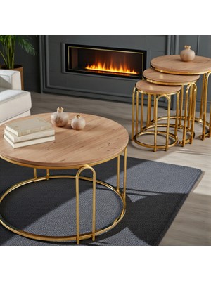 Lenka Zigon Orta Sehpa Takımı Yuvarlak Gold Metal 3+1 - Açık Ceviz Sedaş-Lenka-Zigon-Orta-Gold