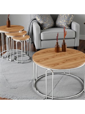 Lenka Zigon Orta Sehpa Takımı Yuvarlak Gümüş Metal 3+1 - Açık Ceviz Ahşap Lenka-Zigonorta-Gümüş