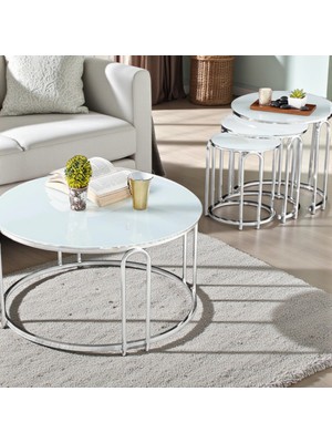 Lenka Zigon Orta Sehpa Takımı Yuvarlak Gümüş Metal 3+1 -Beyaz Temperli (Kırılmaz) Cam Gümüşayak