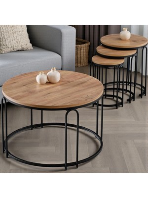 Lenka Açık Ceviz Ahşap Zigon Orta Sehpa Takımı Yuvarlak Siyah Metal 3+1 - Lenka-Zigonorta-Siyah