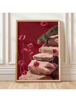 Ninastore Leopar Duvar Sanatı Baskısı Kırmızı Çiçekli Sanat Eseri Modern Hayvan Dekoru Yazdırılabilir Poster C