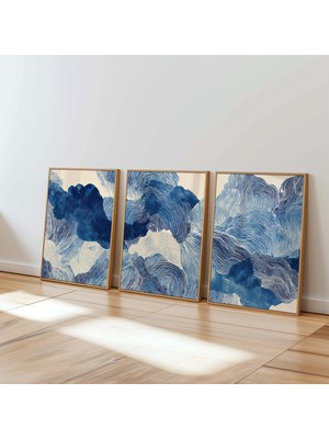 Ninastore Indigo Soyut Duvar Sanatı Seti Modern Mavi Çizgi Sanat Baskıları Dijital Minimalist Üçlü Tablo Çağda
