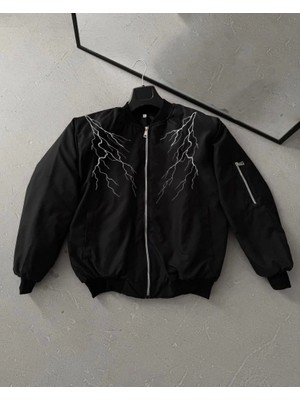 Modatıkla Yıldırım Baskılı Uzun Kol Bomber Ceket - Siyah