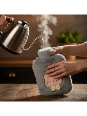 Ecoport Papyonlu Kedi Figürlü Mavi Peluş Sıcak Su Torbası 1 Litre