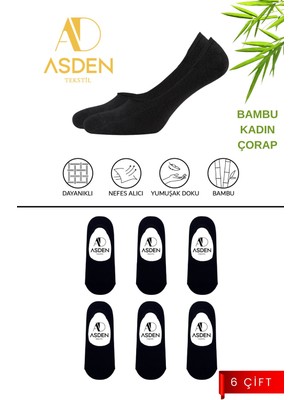 Asden Bambu Kadın Babet Siyah 6\'lı Paket, Dikişsiz, Kaydırmaz Silikonlu Topuk