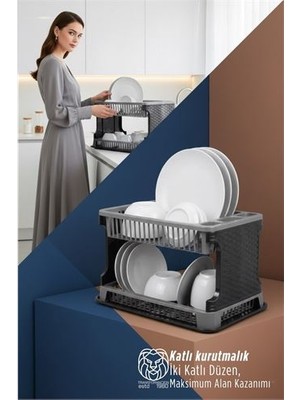 Toyigoo 2 Katlı Rattan Dokulu Lüks Bulaşıklık - Kirli Beyaz & Siyah Modern Düzenleyici