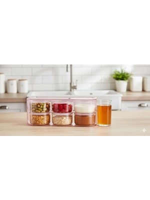 7 Parça Kristal Plastik Kahvaltılık Kuruyemişlik Saklama Kabı Set, 28 x 10 x 11 cm Saklama Kutusu, 6 Adet Vakum Kapaklı Kap, Pembe