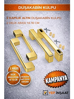 Duşakabin Cam Kapı Kare Kulp 4 Adet Gold – 14-16 cm Delik Arası Uyumlu Çift Kapak Duşakabin Kolu Seti