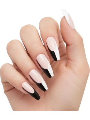 Eda Luxury Beauty 24'lü Nude Pembe Siyah Beyaz French Takma Tırnak Seti Lüks Parlak Extra Uzun Küt Kare Balerin Yapıştırıcılı False Nails Set