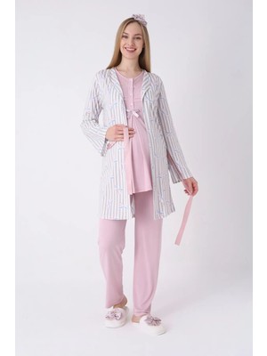 Erdeniz Tekstil Hamile Pijama ve Sabahlık Takımı 3’lü – Lohusa Pijama Bisiklet Yaka Çizgili Desenli Pamuk Viskoz