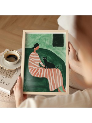 Ninastore Siyah Kedi Sanat Baskısı: Minimalist Kadın Illüstrasyonu (Dijital Indirme)