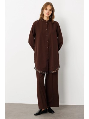 Micca Krep Esnek Doku Leopar Şifon Garni Detaylı Kap Ferace-Kahve