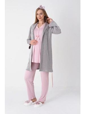 Erdeniz Tekstil Lohusa ve Hamile Pijama ve Jakarlı Çizgili Sabahlık Takımı Önü Düğmeli Uzun Kollu Pijama 3'lü Takım
