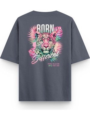 Overoz Born Different Leopard Leopar Sırt Baskılı Yarı Oversize Unisex Füme Tshirt 1403
