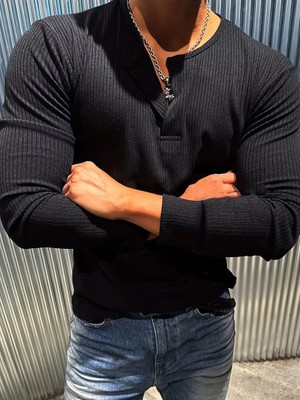 Oksit Mecho Erkek Slim Fit Likralı Henley Yaka Uzun Kollu Tişört - Düğmeli Esnek Kumaş