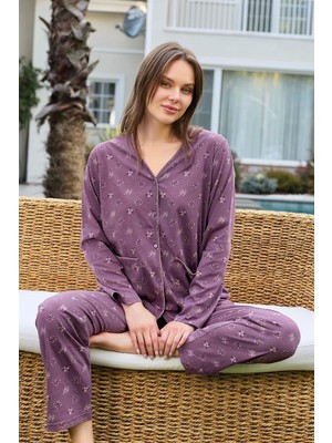 Aydoğan Kadın Fidan Kroşetalı Düğmeli Cepli Lila Pijama Takım 0739