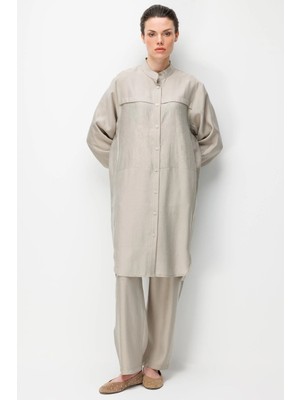 Micca %80 Doğal LyoCELL Dökümlü Soft Hissiyat  Ön Beden Özel Dokuma Desen Pantalon ve Maxi Tunik Takım-Taş