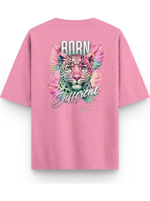 Overoz Born Different Leopard Leopar Sırt Baskılı Yarı Oversize Unisex Pembe Tshirt 1403