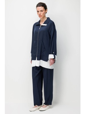 Micca %100 Doğal Lyocel Dökümlü Soft Hissiyat Marin Garni Detay Pantolon ve Maxi Tunik Kombin Takım-Laci