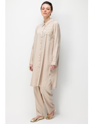 Micca %100 Doğal LyoCEL Dökümlü Soft Hissiyat Flora Nakış ve Taş Detaylı Pantalon Kombin Takım-Taş