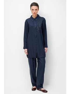 Micca %100 Doğal LyoCEL Dökümlü Soft Hissiyat Rose Nakış ve Ta İşleme Pantolon ve Maxi Tunik Kombin Takım-Laci