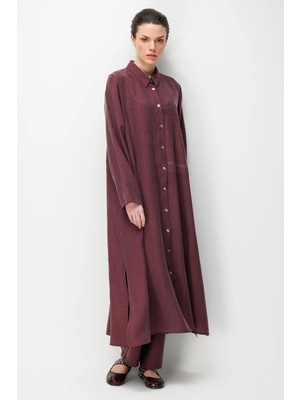 Micca %80 Doğal Lyocell Dökümlü Soft Hissiyat Arka Özel Dokuma Desen Pantolon ve Maxi Tunik Kombin Takım-Bordo