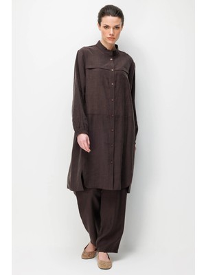 Micca %80 Doğal LyoCELL Dökümlü Soft Hissiyat  Ön Beden Özel Dokuma Desen Pantalon ve Maxi Tunik Takım-Kahve