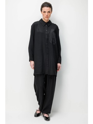 Micca %100 Doğal Lyocel Dökümlü Soft Hissiyat Rose Nakış ve Ta Işleme Pantolon ve Maxi Tunik Kombin Takım-Siyah