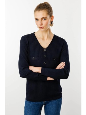 Desen Triko Kadın V Yaka Fitilli Triko Bluz 25353 Lacivert