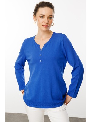 Desen Triko Kadın Açma Yaka Düğmeli Triko Bluz 25358 Saks