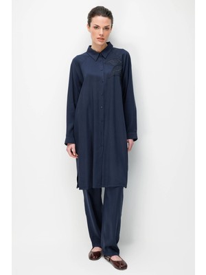 Micca %100 Doğal LyoCEL Dökümlü Soft Hissiyat Flora Nakış ve Taş Detaylı Pantalon Kombin Takım-Laci