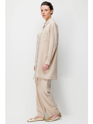 Micca %100 Doğal LyoCEL Dökümlü Soft Hissiyat Rose Nakış ve Ta İşleme Pantolon ve Maxi Tunik Kombin Takım-Taş