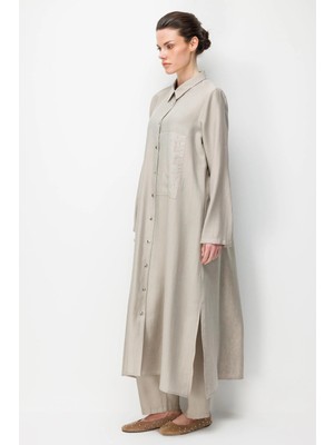 Micca %80 Doğal Lyocell Dökümlü Soft Hissiyat Arka Özel Dokuma Desen Pantolon ve Maxi Tunik Kombin Takım-Taş