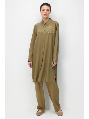 Micca %100 Doğal LyoCEL Dökümlü Soft Hissiyat Flora Nakış ve Taş Detaylı Pantalon Kombin Takım-Haki