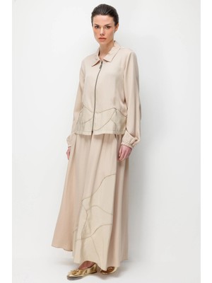 Micca %100 Doğal Lyocel Dökümlü Soft Hissiyat Aller Elişi Nakışi Şleme Etek ve Maxi Ceket Kombin Takım-Taş