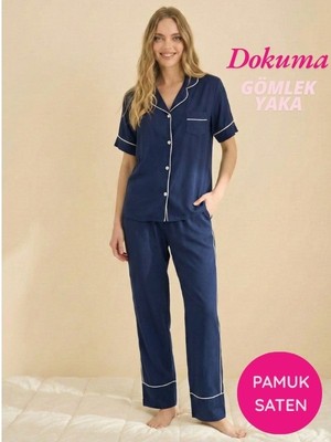 Seamlife Kadın Lacivert Maskülen Önden Düğme Gömlek Yaka Dokuma %100 Pamuk Saten Göğüs Cepli Kısa Kol Pijama Takımı
