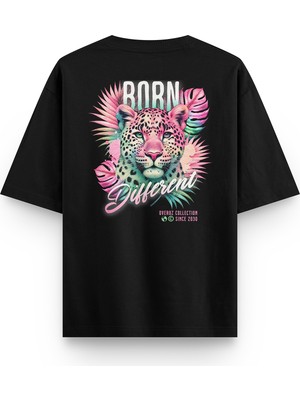 Overoz Born Different Leopard Leopar Sırt Baskılı Yarı Oversize Unisex Siyah Tshirt 1403