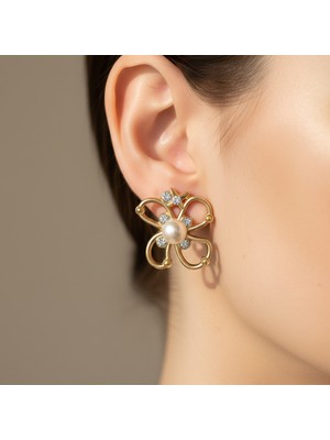 Norayn Altın Renk Inci Taşlı Çiçek Küpe | Büyük Vintage Kadın Küpe Şık & Özel Gün Tasarım